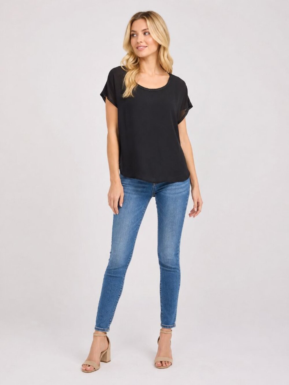 2/$30 Banana Republic Drapey Picot Trim Blouse Cap Sleeve Black XS #A2481